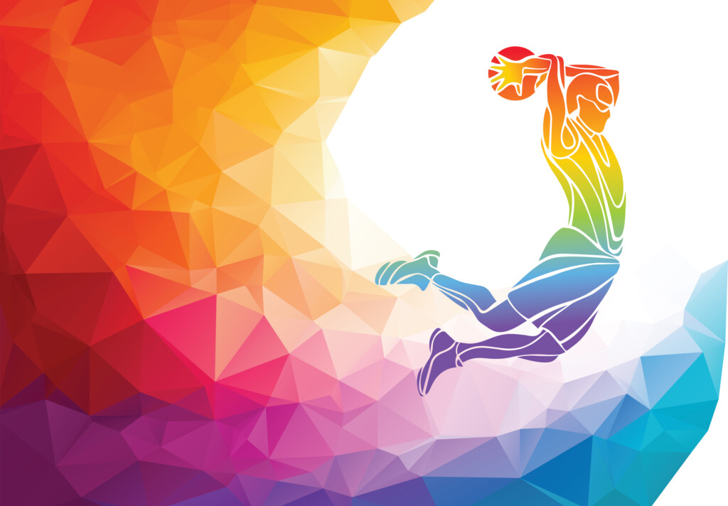 Abstract image of basketball player in rainbow colors