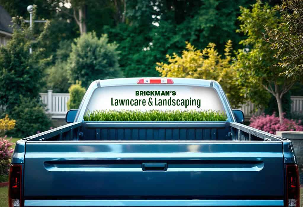 Pick up truck with a perforated back window graphic for a lawn care business.